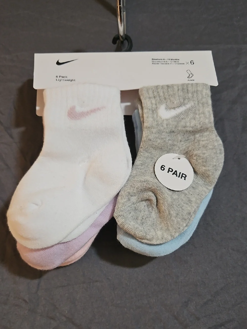 NIKE SWOOSH 6PK INFANT ANKLE SOCKS: NEW IN PACK: SIZE 6-12 MTH
